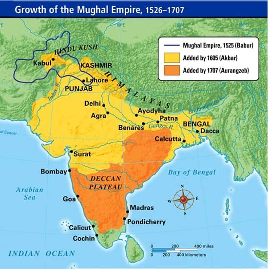 mughal empire map babur to aurangzeb
